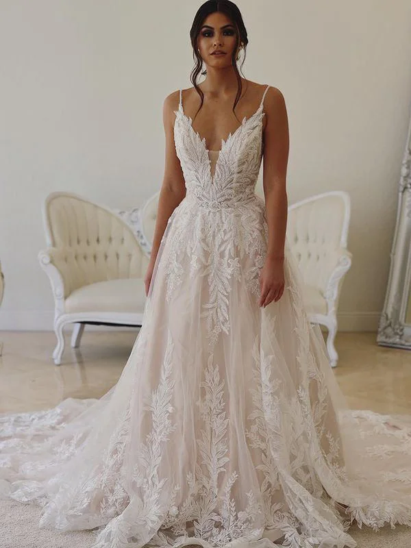 Gorgeous V-neck A-line Lace Appliques Long Wedding Dresses. WDS0108 Classic Bridal Dress