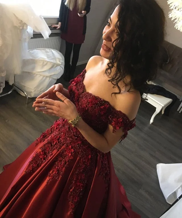 Maroon Satin Ball Gown Lace Off Shoulder Crystal Wedding Dress