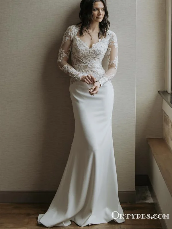 New Arrival Eleagnt Charming V-neck Long Sleeve Lace Appliqued Mermaid Long Cheap Wedding Dresses, WDS0007 Lace Sleeveless Dress