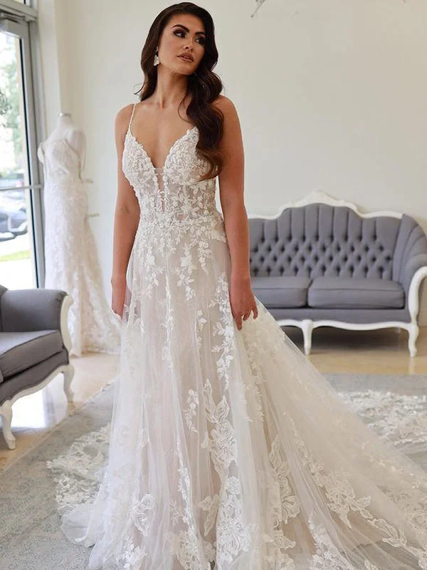 Newest V-neck A-line Lace Appliques Long Wedding Dresses. WDS0109 Strapless Lace Dress