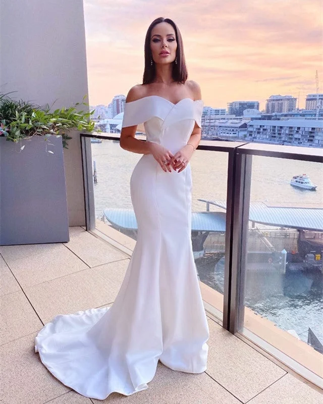 Simple Mermaid Wedding Dress Off The Shoulder Lace V-neck Dress