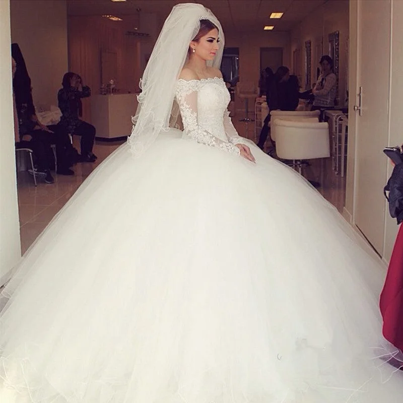 Off-the-shoulder Lace Long Sleeves Organza Wedding Dresses Ball Gowns Chic Wedding Gown