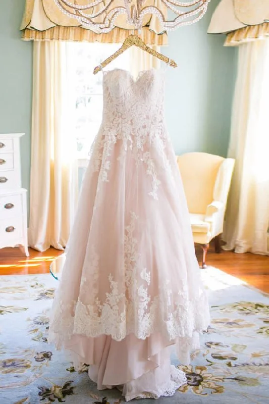 Pink A Line Court Train Sweetheart Sleeveless Mid Back Long Wedding Dresses Mermaid Lace Gown