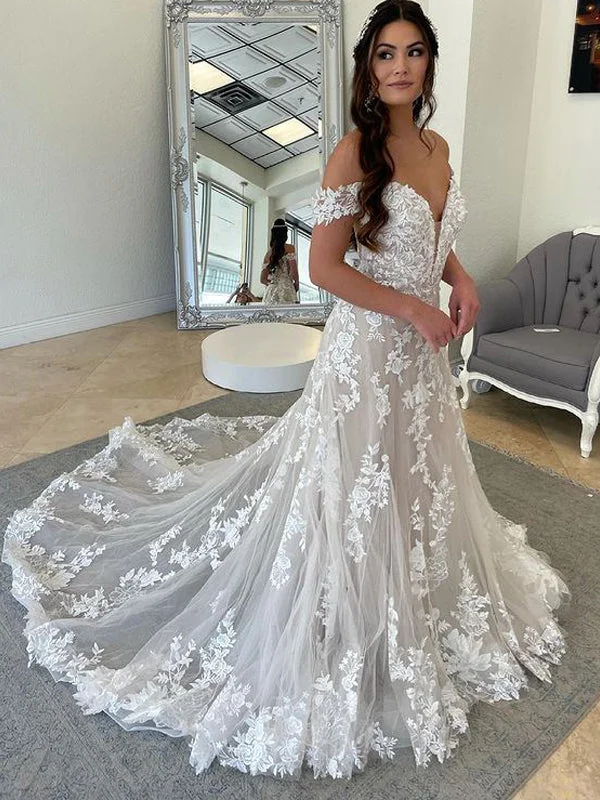 Sexy Off-shoulder Mermaid Lace Appliques Long Wedding Dresses. WDS0110 Off-shoulder Wedding Gown