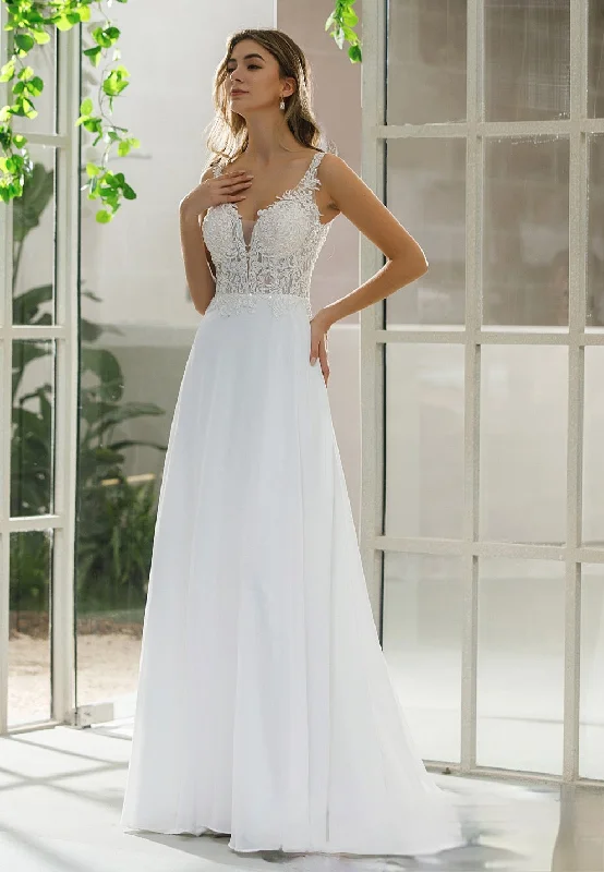 Simple Lace A-line Bridal Gown With Chiffon Skirt Lace Wedding Dress