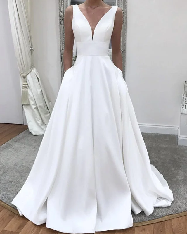 Simple A Line Satin Wedding Dress V-neck Off-shoulder Bridal Gown