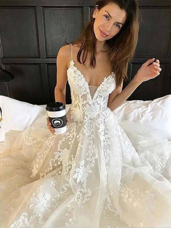 Spaghetti Strap Lace Applique Tulle A Line With Train Long Wedding Dresses, WD1115 Chic Lace Dress