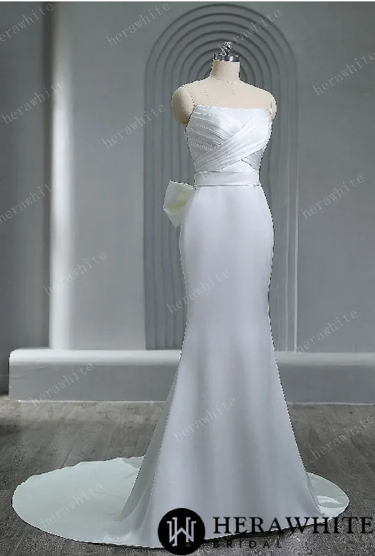 Strapless Neckline Mermaid Wedding Dress With Detachable Bow Full Length Gown