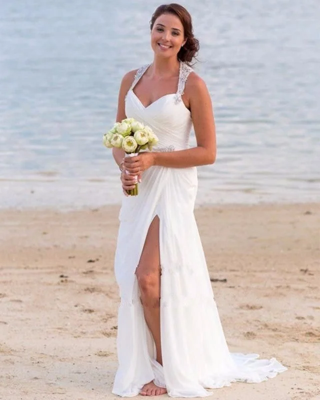 Summer Style White Chiffon V-neck Long Split Wedding Dresses Beach Elegant Satin Dress