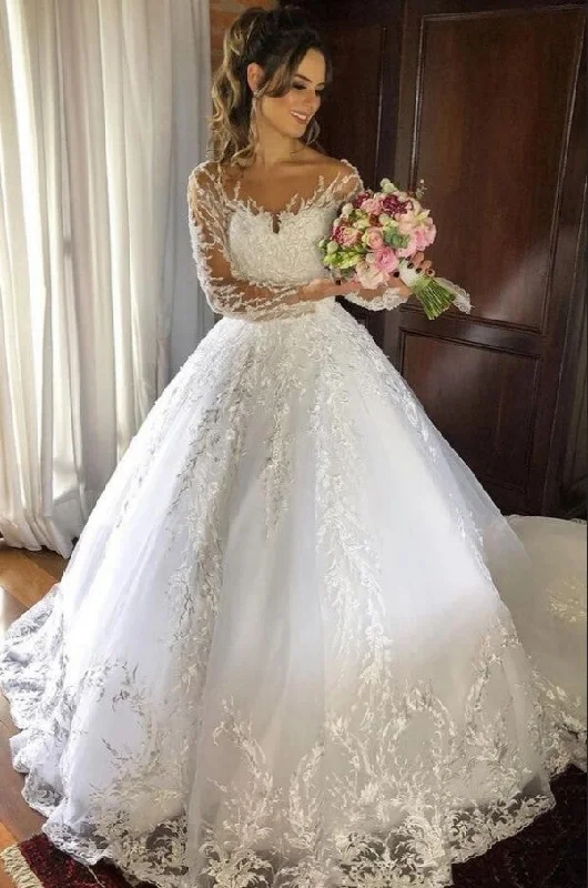 Sweetheart Backless Tulle Wedding Dress Long Sleeves With Appliques Lace Satin Lace Gown