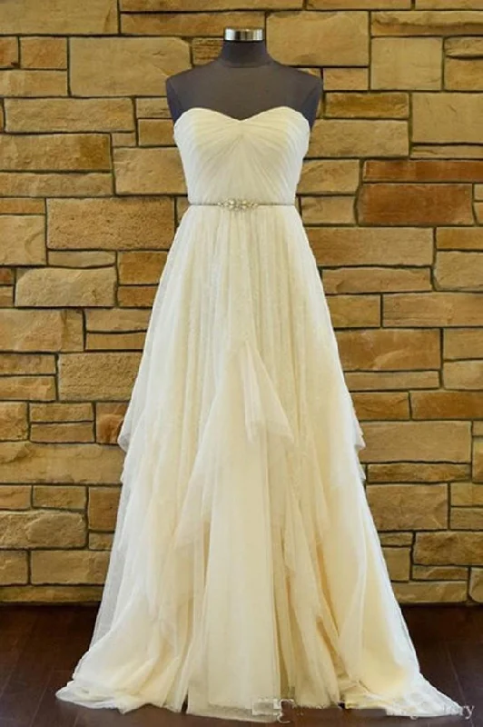 Sweetheart Strapless Court Train A Line Backless Ruffles Wedding Dresses Lace A-line Dress