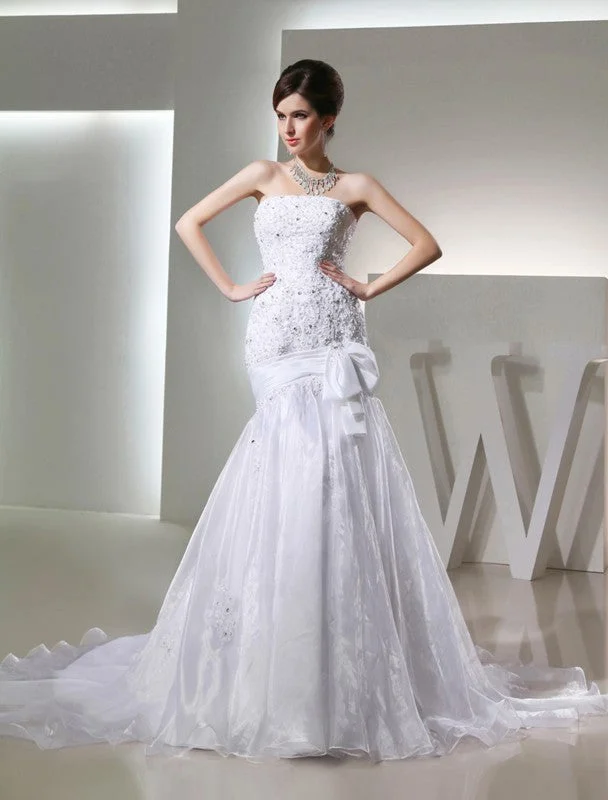 Trumpet/Mermaid Beading Long Strapless Sleeveless Organza Wedding Dresses TPP0006979 Romantic Lace Dress