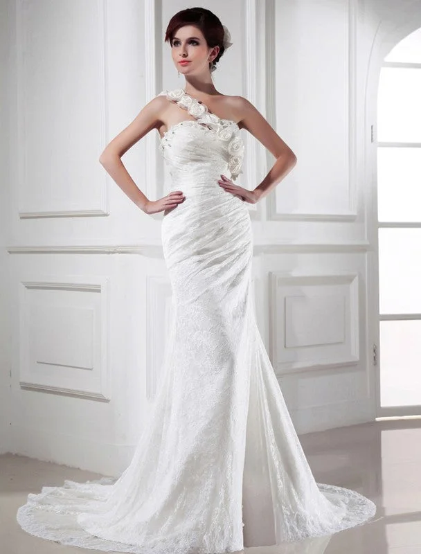 Trumpet/Mermaid Beading One-shoulder Sleeveless Lace Satin Long Wedding Dresses TPP0006982 Sexy Satin Gown