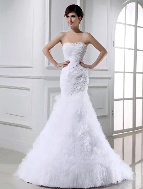 Trumpet/Mermaid Beading Sleeveless Tulle Long Wedding Dresses TPP0006984 Lace Boho Dress