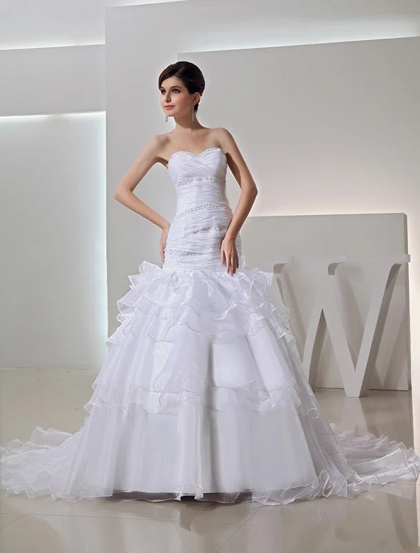 Trumpet/Mermaid Beading Sweetheart Long Organza Wedding Dresses TPP0007001 Illusion Lace Gown