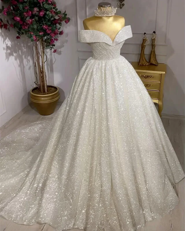 Ivory Sparkly Off Shoulder Wedding Gown Embroidered Wedding Dress