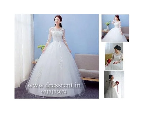 W165, Off- White Sleeves-Lace Ball Gown, Size (XS-30 to L-38) Wedding Dress Long