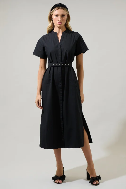 Black Button Front Midi Dress Luxury midi dresses