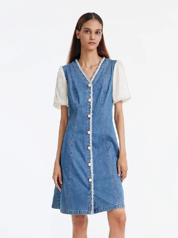 Denim Patchwork Tweed V-Neck Midi Dress Halter midi dresses