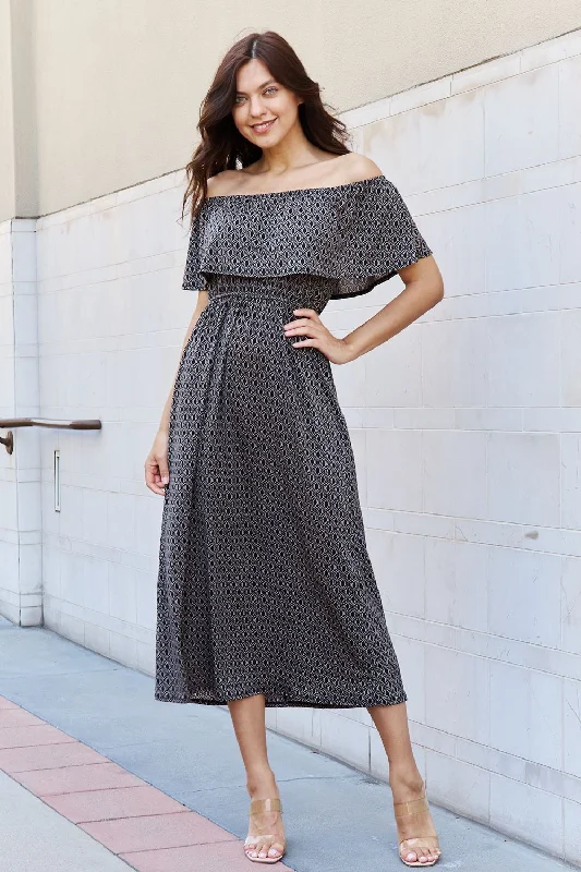 E Luna My Best Angle Geometric Pattern Off The Shoulder Midi Dress in Black Denim midi dresses