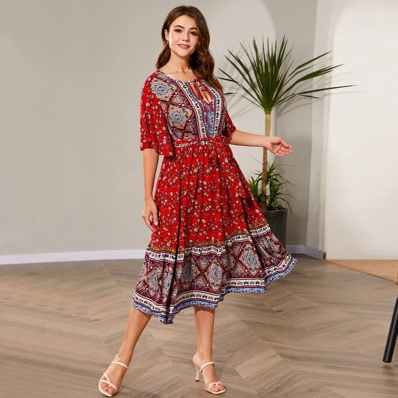 BerriesJam - Elegant Boho Dark Red Midi Dress Best midi dresses for summer vacation