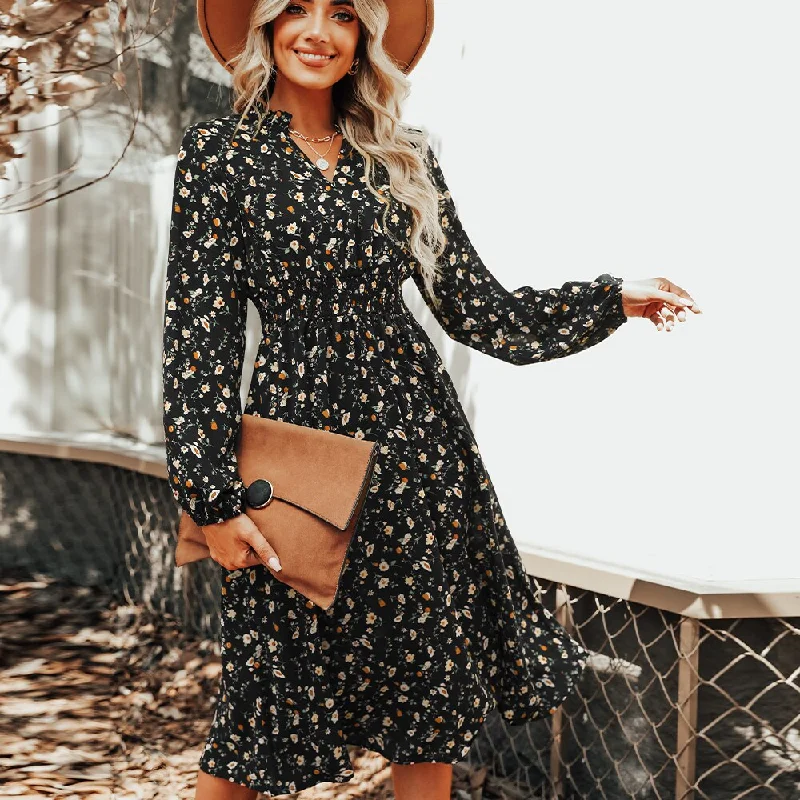 BerriesJam - Floral Banded Waist V-neck Long Sleeve Party Midi Dress Fashion-forward midi dresses