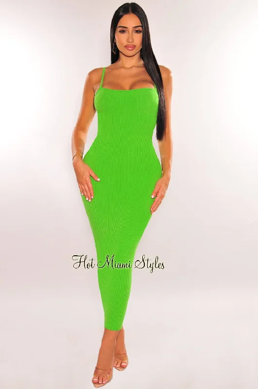 Green Ribbed Spaghetti Strap Cut Out Back Midi Dress Minimalist midi dresses