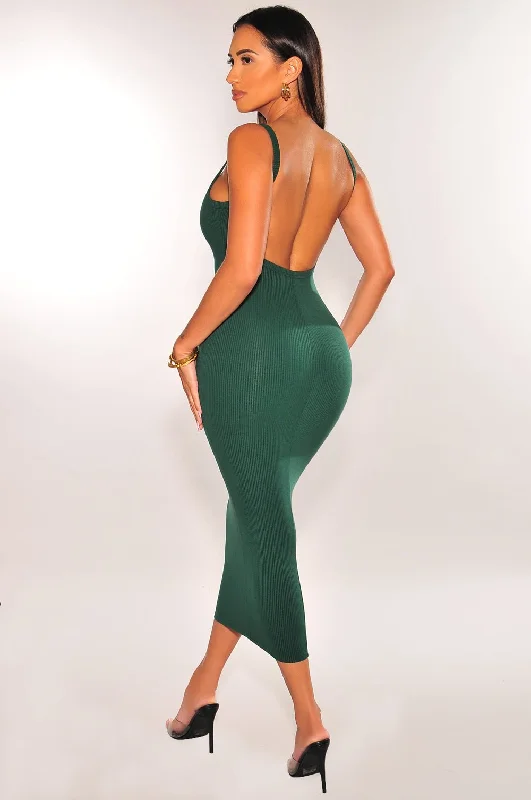 Hunter Green Ribbed Spaghetti Strap Sleeveless Open Back Midi Dress Hot new arrivals in midi dresses