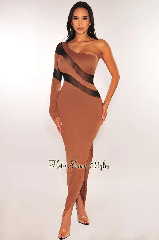 Mocha Black Mesh One Sleeve Slit Midi Dress Best midi dresses for formal events