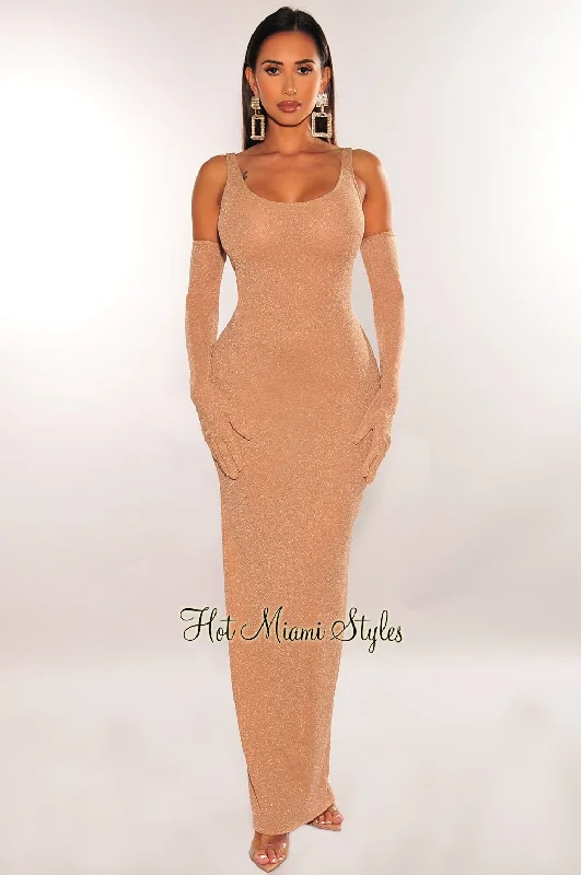 Nude Shimmery Sleeveless Scoop Back Midi Dress + Gloves Designer midi dresses