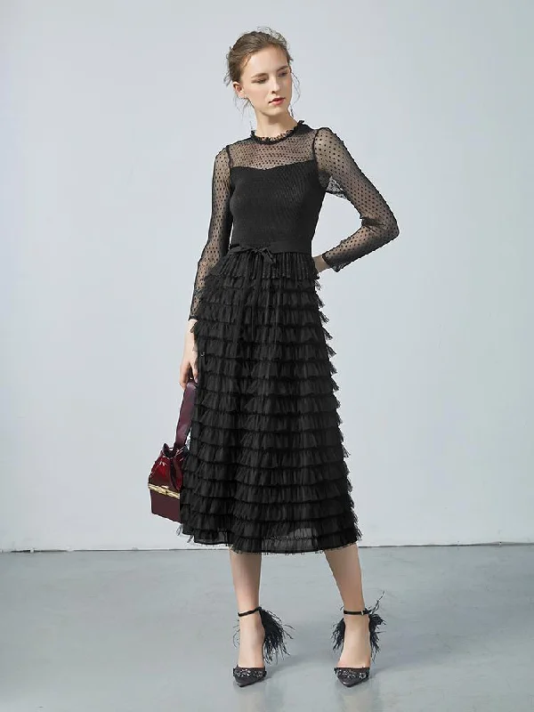 Pleated Tiered Sheer Sleeve Cake Midi Dress Women's midi dresses