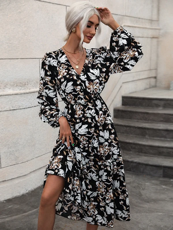 BerriesJam - Puff Sleeve Swing Floral Printed Midi Dress Red carpet midi dresses