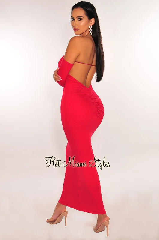 Red Off Shoulder Long Sleeve Scrunch Butt Open Back Midi Dress Strapless midi dresses