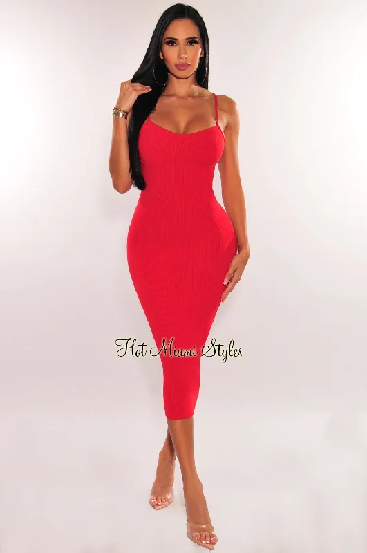 Red Ribbed Spaghetti Strap Bodycon Midi Dress Trendy midi dresses under $50