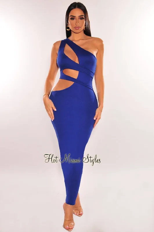 Royal Blue One Shoulder Cut Out Midi Dress Prom midi dresses