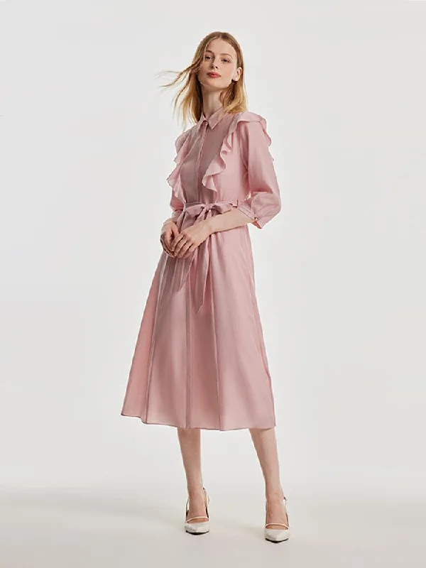 Ruffled Hem Acetate Midi Dress With Belt Winter midi dresses