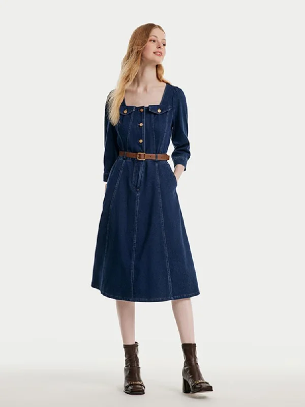 Square Neck Knit Denim Midi Dress With Belt Fall midi dresses