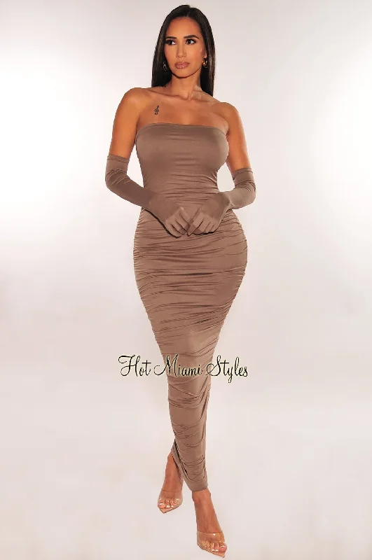 Taupe Strapless Scrunch Butt Midi Dress + Gloves Silk midi dresses