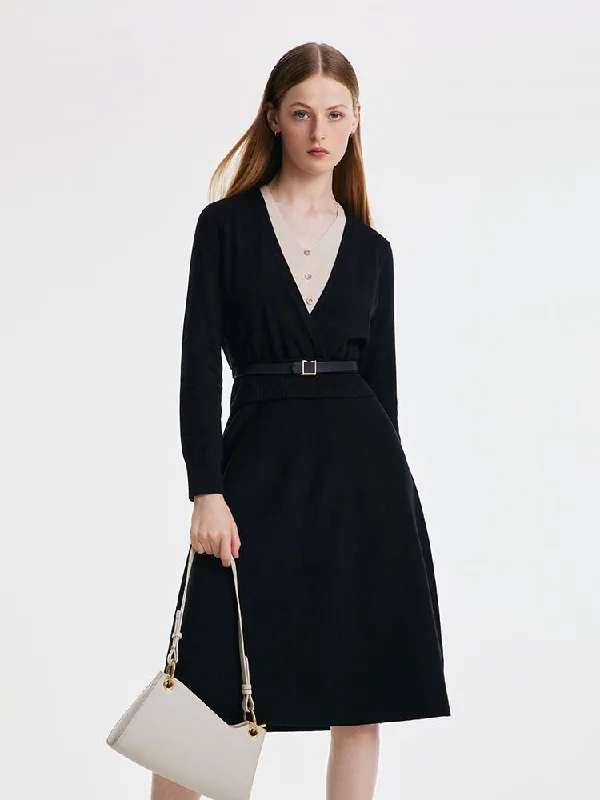 Black Tencel Midi Dress With Leather Belt New Year's Eve midi dresses