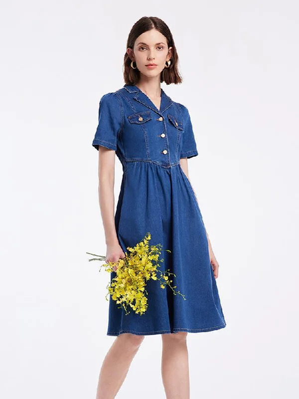 V-neck Gathered Waist Denim Midi Dress Y2K midi dresses