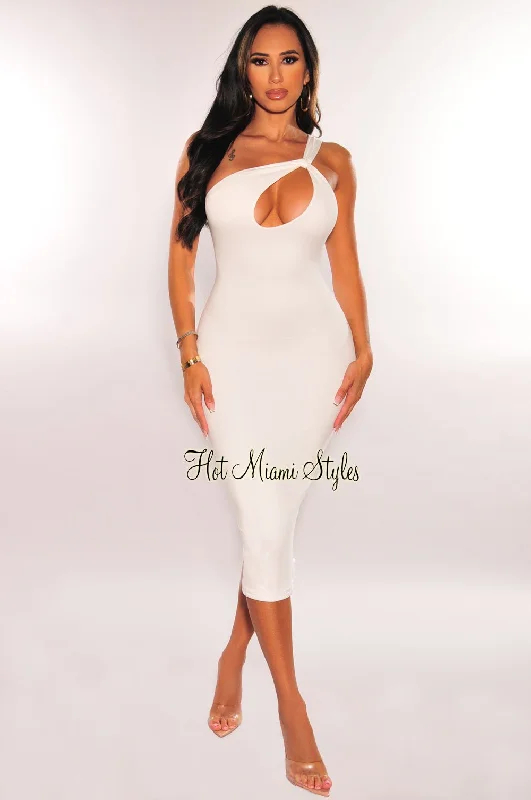 White One Shoulder Strap Keyhole Cut Out Midi Dress Boho midi dresses