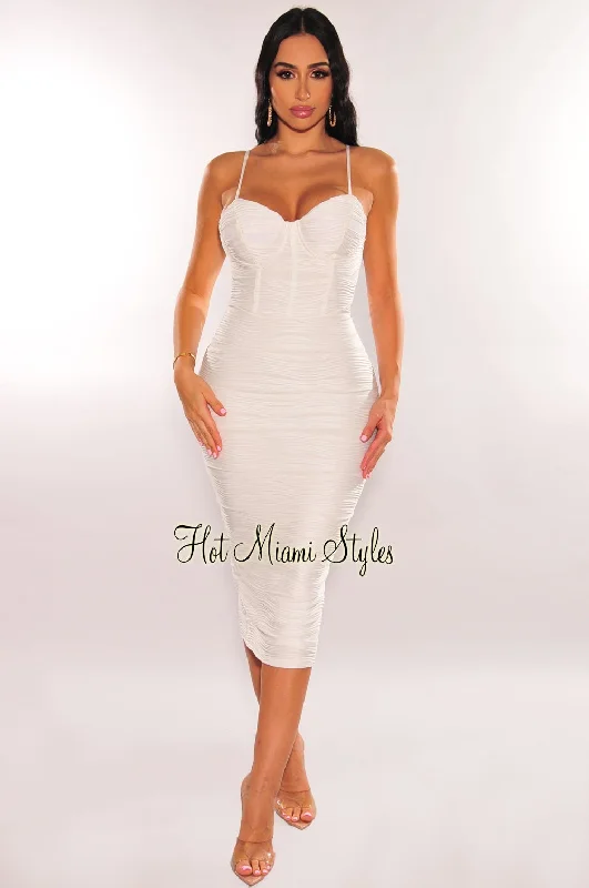 White Textured Padded Faux Boned Spaghetti Strap Slit Midi Dress Holiday midi dresses