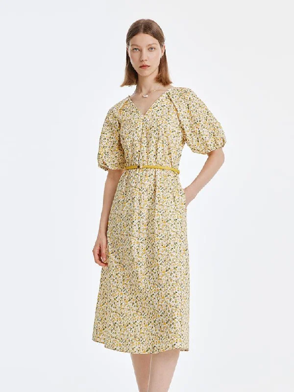 Yellow Floral Puff Sleeve Midi Dress Chiffon midi dresses