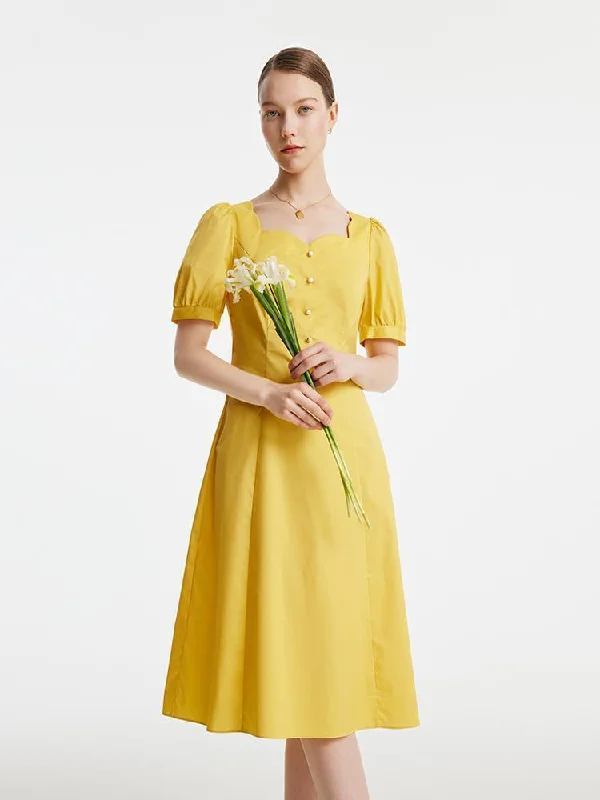 Yellow Square Neck Cotton Midi Dress Denim midi dresses