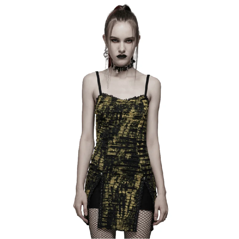 Abstract Gothic Print Slip Dress with Lace and Ghost Head Black Lace Dress