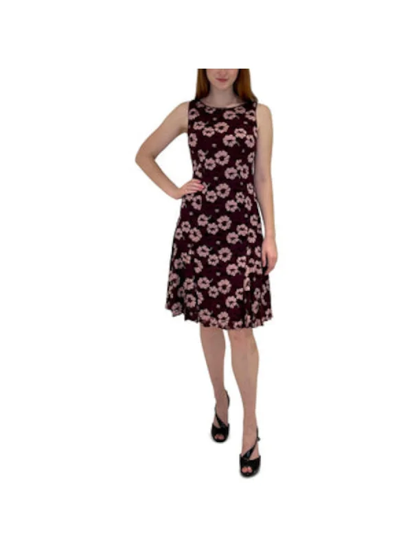 ADRIANNA PAPELL Womens Burgundy Lace Zippered Fitted Godets Lined Floral Sleeveless Jewel Neck Above The Knee Party Fit + Flare Dress Lace Dress Lookbook