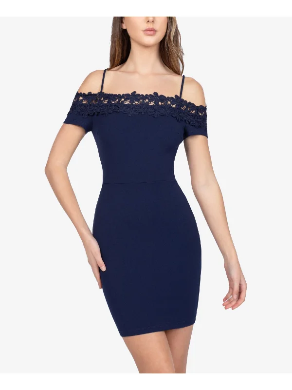 B DARLIN Womens Navy Cold Shoulder Zippered Floral Lace Trim Short Sleeve Square Neck Short Party Body Con Dress Lace Dress Chic