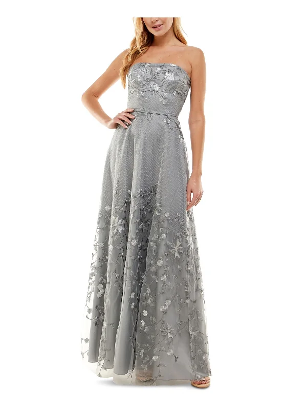 CITY STUDIO Womens Gray Embroidered Lace Zippered Sleeveless Strapless Full-Length Formal Gown Dress Lace Dress Glam