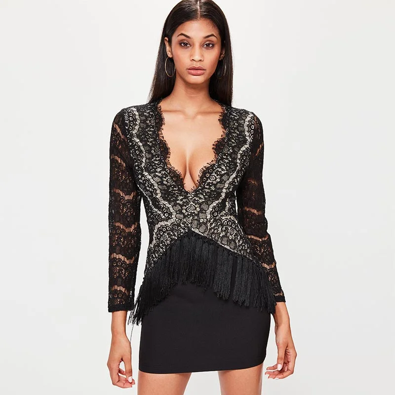 Deep V Neck Women Fashion Lace Perspective Sexy Dress #Black Lace Dress Twirl