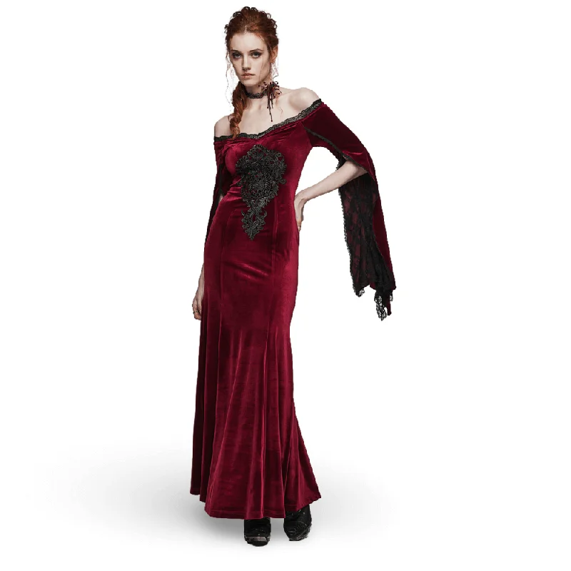 Elegant Red Velvet Gothic Dress with Lace Sleeves Lace Dress Formal